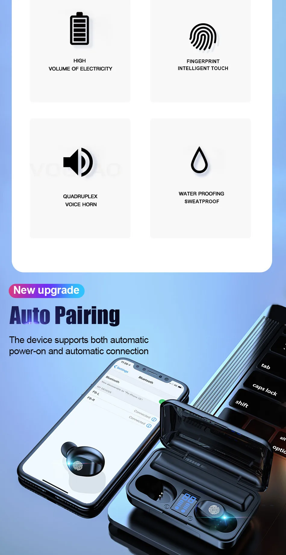 VOULAO, Bluetooth 5,0, наушники, 8D, стерео, беспроводные наушники, спортивные, водонепроницаемые, свободные руки, наушники, гарнитура с 2000 мАч, внешний аккумулятор