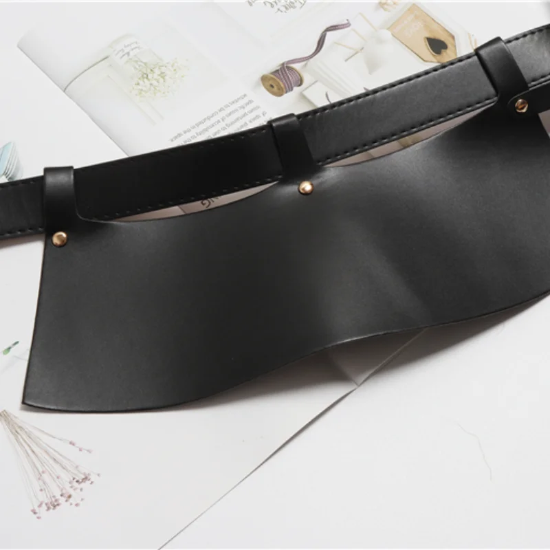 

New Fashion High Quality Women belt Black Metal Button Pu Leather Ruffle Belt Personality Women Tide All-match Spring Summer2021