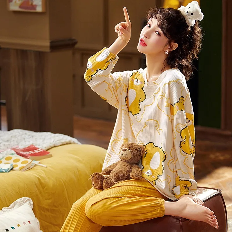 

European, American and Korean new round neck long sleeve pit bar sweet suit combed cotton household clothes can be worn out