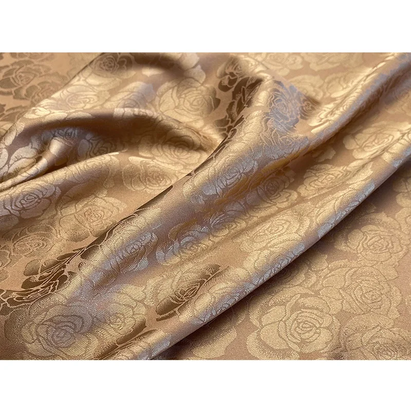 

Lustrous pendant Khaki dark pattern rose jacquard elastic silk satin fabric spring and summer Hanfu cheongsam fabric