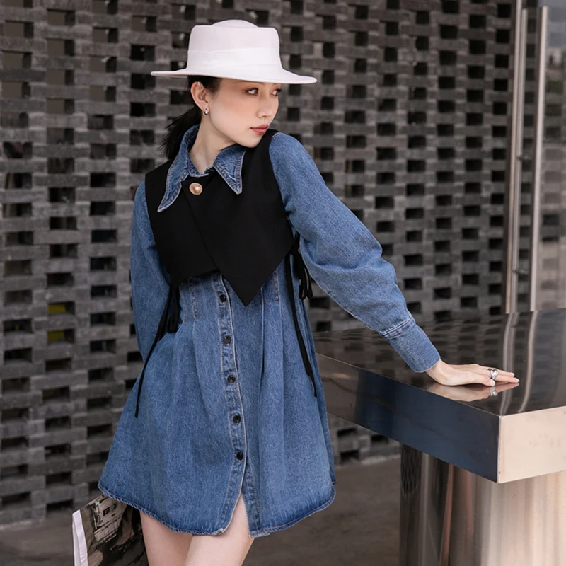 

Vintage Women Denim Dress Long Sleeve High Waist Turn Down Collar Pockets Single Breasted 2021 Spring A Line Female Jeans Dress