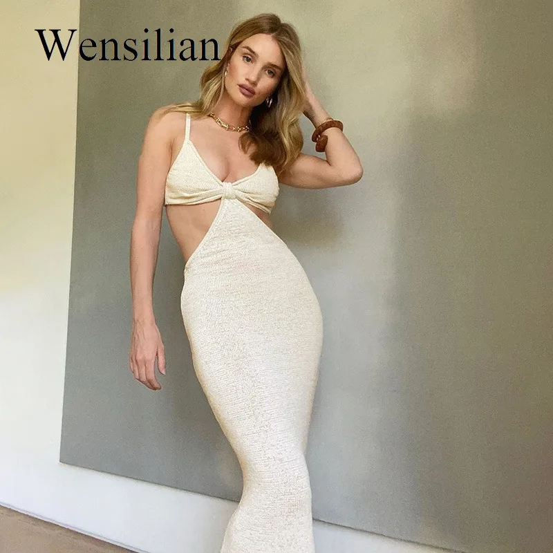 

Knitted Maxi Dresses Women Backless Bodycon Dress Summer Elegant Sexy Party Dresses Cut Out Spaghetti Strap Beach Sundress