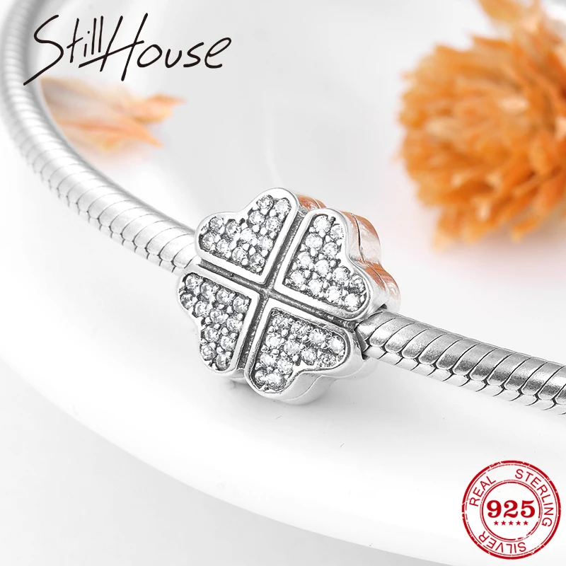 Настоящее серебро 925 пробы сердце цветок цирконы браслеты Очаровательные бусы