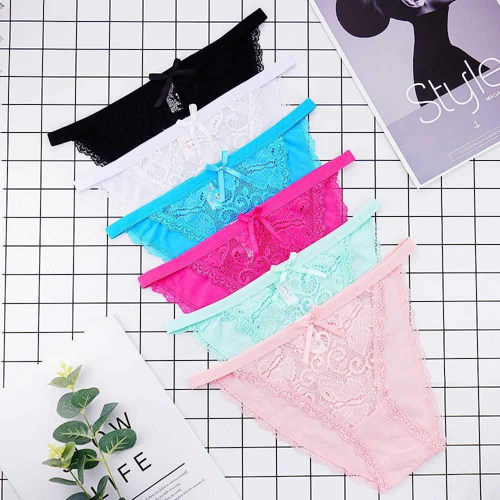 6 Pcs Lot Sexy G String Thongs Underwear Women Lingerie Ropa Interior Femenina Solid Color Lace Bow Hollow Perspective Underpant