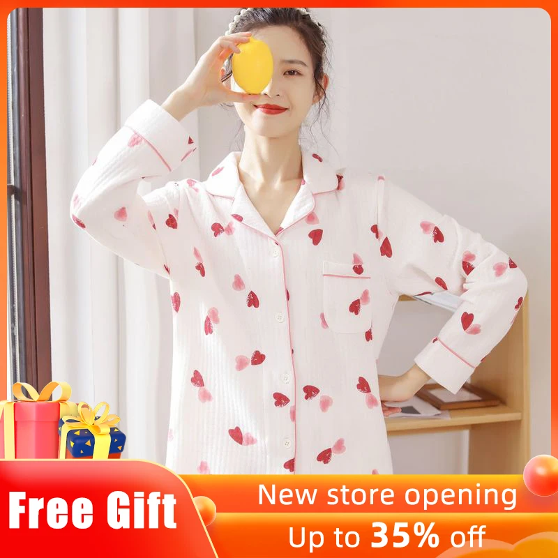 

Пижама XIKUO, женская модель, толстая трехслойная ткань из чистого хлопка с длинными рукавами, теплый костюм для дома