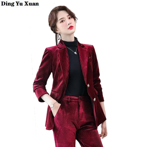 Womens Striped Velvet Pant Suits Autumn Winter Women Suits Blazer with Pants Work Wear Formal 2 Piece Set Outfits Burgundy Green