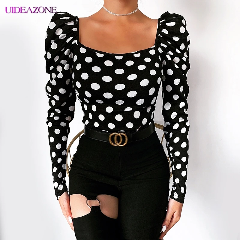 Женские блузки в белый горошек с воротником Suqare облегающие рубашки длинными