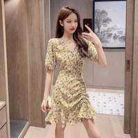 floral self cultivation all match waist short sleeved dress female 2021 summer new style v neck covering belly slimming chiffon