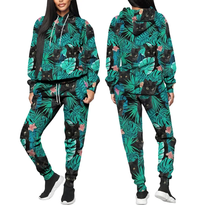 

Autumn Winter Women's Hoodie Matching Trousers 3D Print Suit Animals Cat NEW Same Color Women's Suit Casual Home Jogging Style