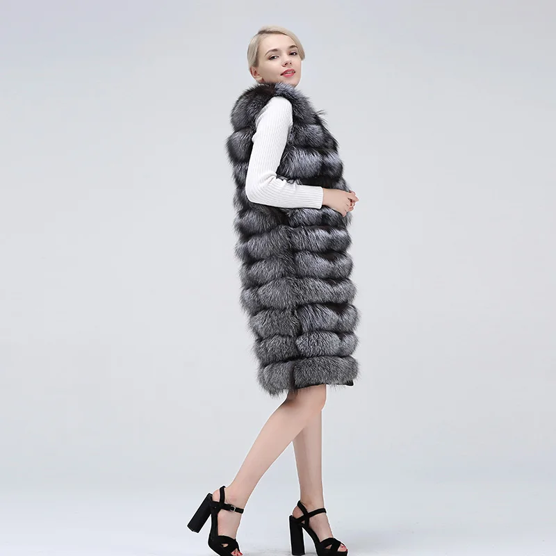 100% Genuine Winter Long Real Silver Fox Fur Stripes Vest Collar  Sleeveless Coat Clothing Women 2019 Real Fur Extended Coat