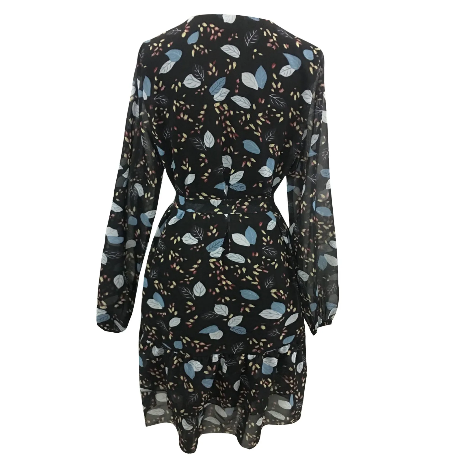 

Autumn Winter Women V-neck Lace Up Floral Bubble Sleeve Dress