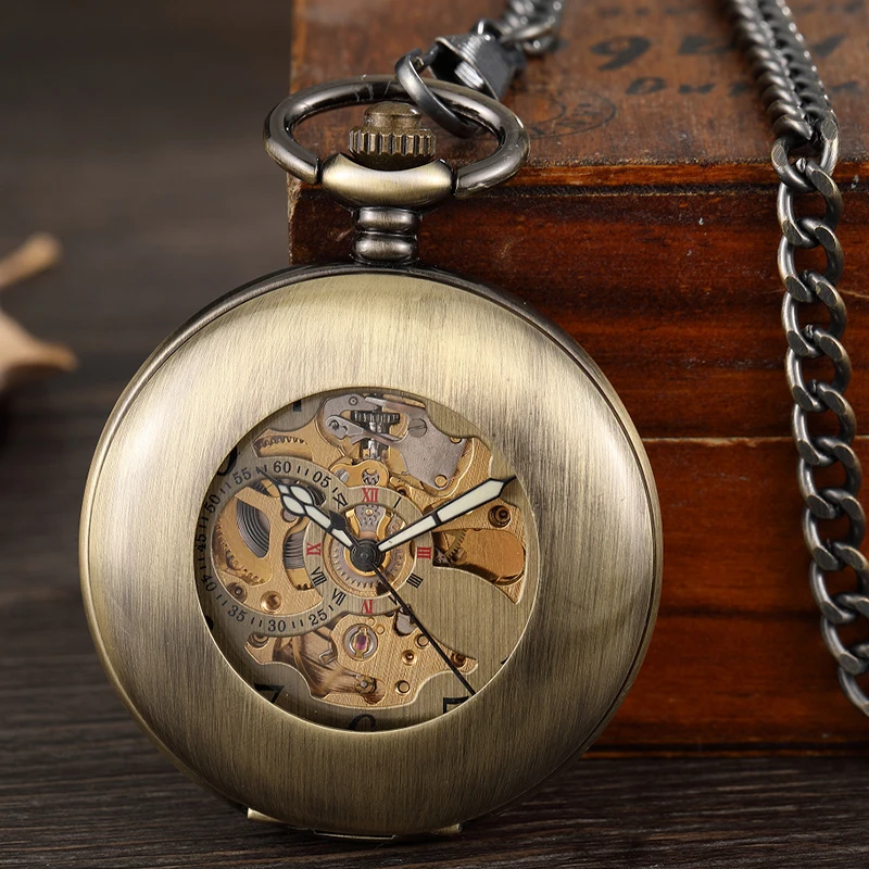Old Time Mechanical Pocket Watch Antique Skeleton Dial Fob Chain Hollow Case Hanging Clock with Gift Box for Men Dropshipping