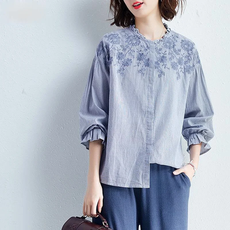 

Blue Embroidery Cotton Women Shirts Summer New 2021 Ruffles Neck Long-Sleeved Slim Office Lady Elegant Outwear Tops