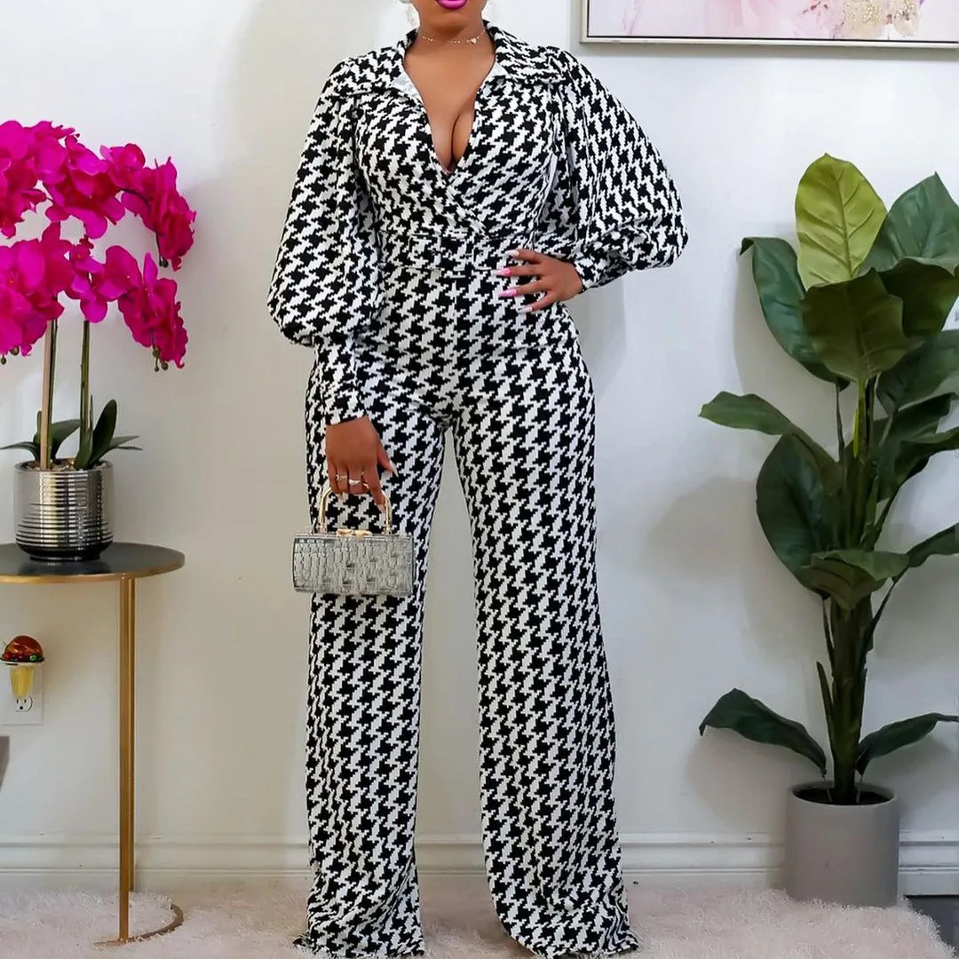 

Women Print Jumpsuit Lantern Sleeves V Neck Wide Leg Pants High Waist Vintage Female African Large Size Ladies Spring One Pieces