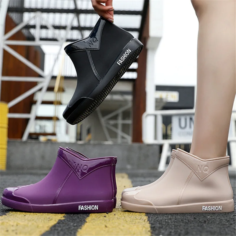 

Rubber Shoes Women Waterproof Rain Boots Ankle Shoes Purple Black Beige New Female Water Shoes Rainboots Ankle Boots Flats