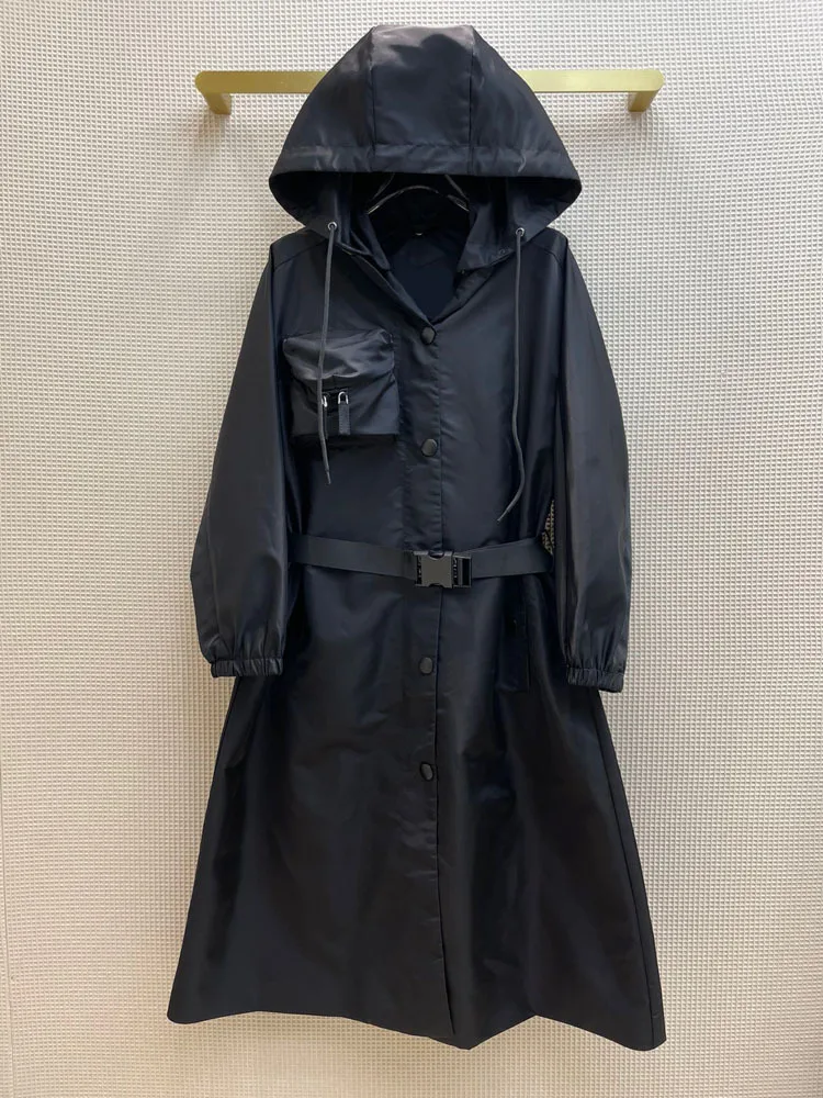 

Streetwear Black Trench Coat for Women Summer 2020 High-end Brand Big Pocket Buckle Sashes Coats Top Quality Nylon Hooded Jacket