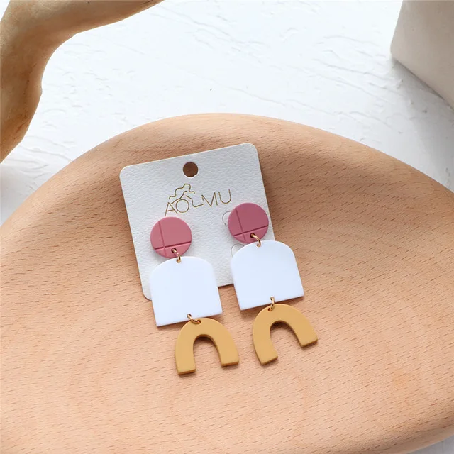 

AOMU 2021 New Geometric Round Square Hit Color Acrylic Long Dangle Earrings for Women Vintage Morandi Color Earrings Jewelry