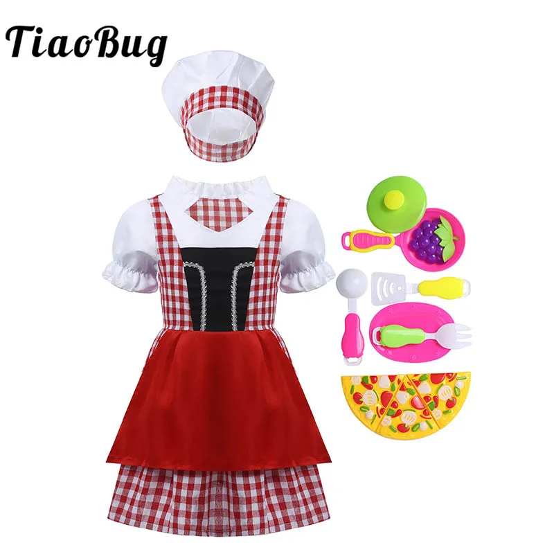 

Kids Girls Baker Chef Cosplay Outfit Short Sleeve Dress Hat Sets Children Kitchen Cooking Uniform Roleplay Halloween Costume