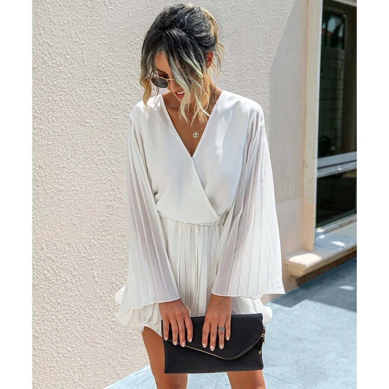 

Autumn Fashion Women'S Jumpsuit Long Sleeve Pleated Sexy V-Neck Ladies Playsuit Chiffon Rompers Overalls