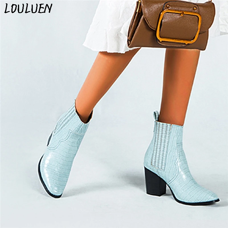 LOULUEN/ г. Ботинки женские модные полусапожки на высоком квадратном каблуке с острым носком, без шнуровки, большие размеры обувь в римском стиле Laarzen Bottes#0905