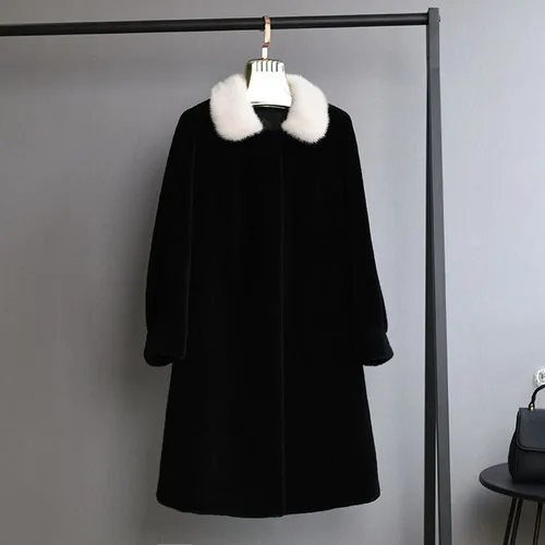 Черный OFTBUY длинная парка зимняя куртка Женское пальто из натурального меха тканая шерсть плюшевый флис медведь плюшевые норковые меховые Лоскутные уличные - Цвет: Черный