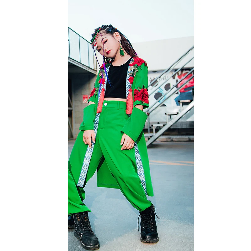 

Children Street Dance HipHop Costume Chinese Folk Dance Green Suit Boys/Girls Jazz Dancwear Fashion Catwalk Show Outfits