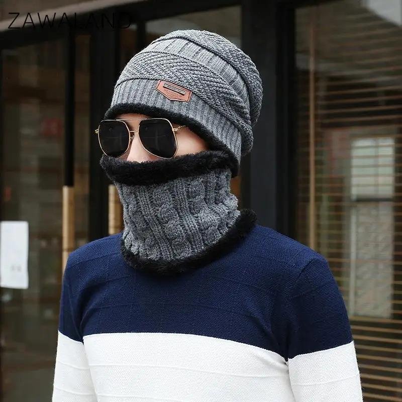 

Zawaland 2pcs/Set Knitting Wool Scarf Headgear Winter Warm Beanies Windproof Fleece Cap Outdoor Cycling Half Face Mask Bib Men