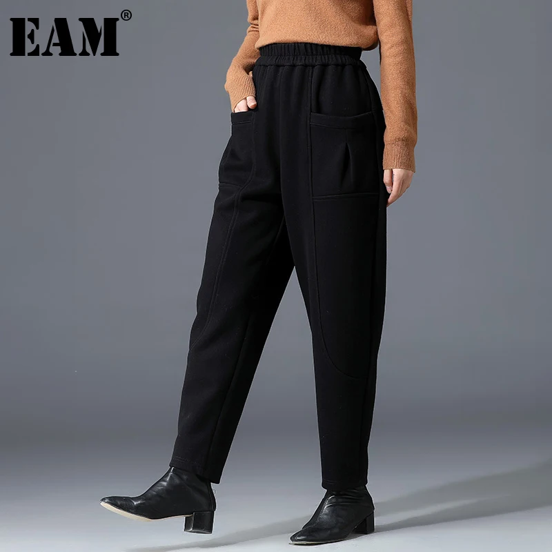 

[EAM] Черные Короткие Длинные шаровары с высокой эластичной талией, новые свободные женские брюки, модные весенне-осенние 2022 1DE5963