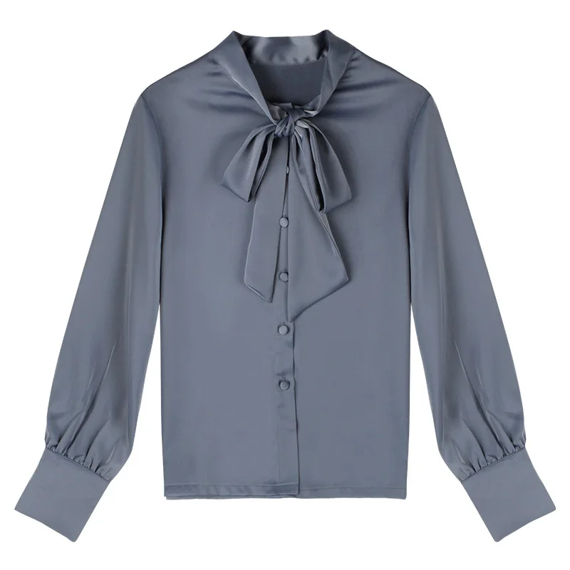 

The new niche design feeling OL pure color coat bowknot shirt with long sleeves satin shirt female temperament