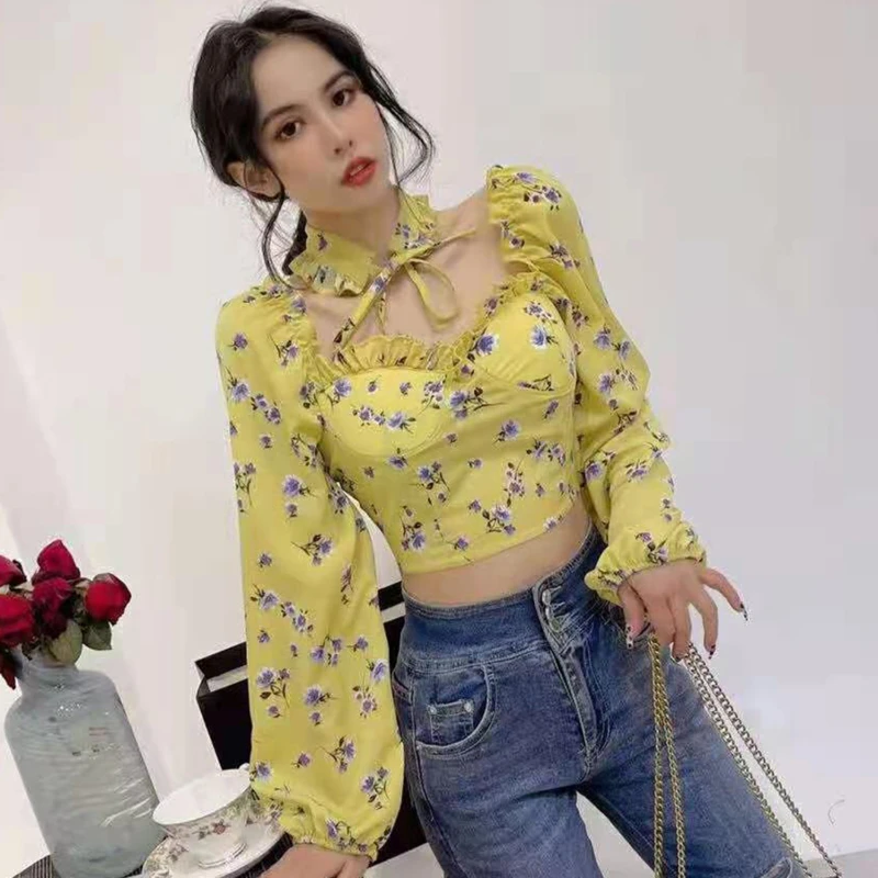 

2021 New Sexy Ladies Tops Gothic Floral Print Elegant Chiffon Blouse Long Sleeve Shirts Pink Lady Crop Tops Clothing For Ladies