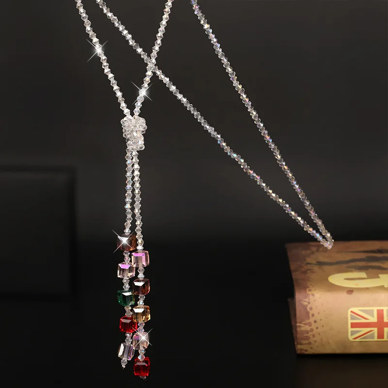 

European and American new square Necklace Fashion adjustable long crystal sweater chain jewelry kpop fashion accessories
