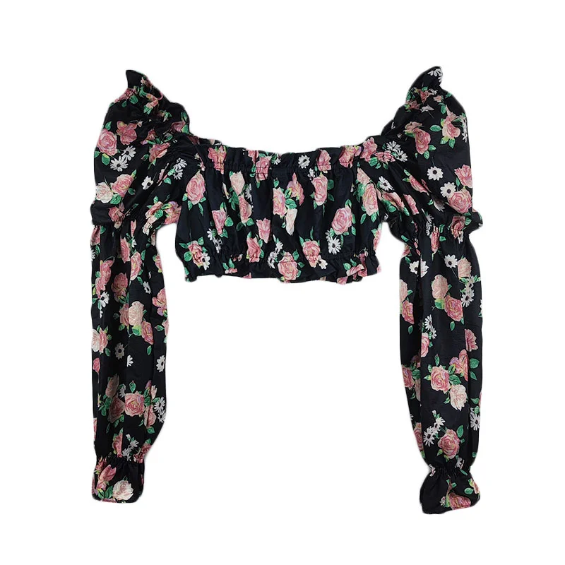 

Floral Shirt Women's New Summer Sweet Print Slash Neck Blouse Female Long Sleeve Chiffon Shirt Sexy Short Spring Tops aq654