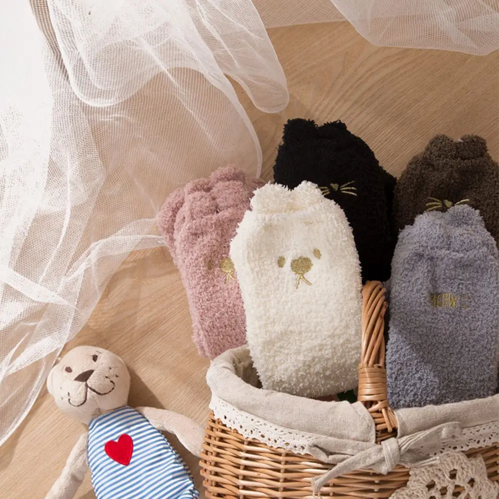 Fashion Women Thicken Warm Coral Fleece Socks Embroidery Cute Cat Beard Fluffy Ears Tube Floor | Женская одежда
