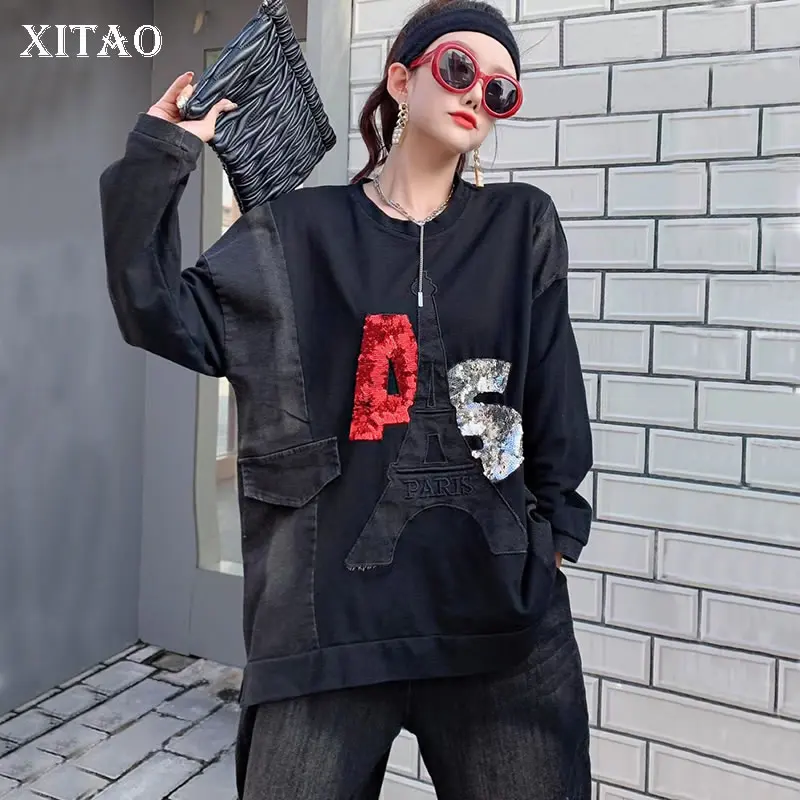 

XITAO Denim Patchwork Women Sweatshirt Autumn New Fashion Sequins Letter 2021 Casual Loose O-neck Collar Pullover Top GWJ0711