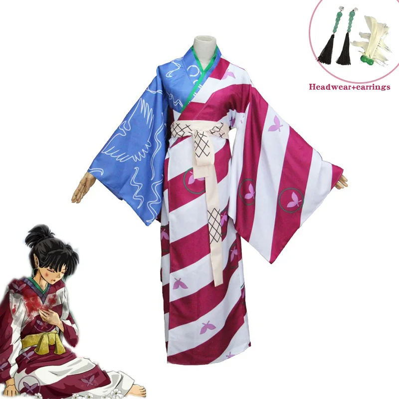 

Anime InuYasha Kagura Cosplay Costumes Women's Printed Kimono+Earring+Headwear Halloween Carnival Uniforms Custom Made