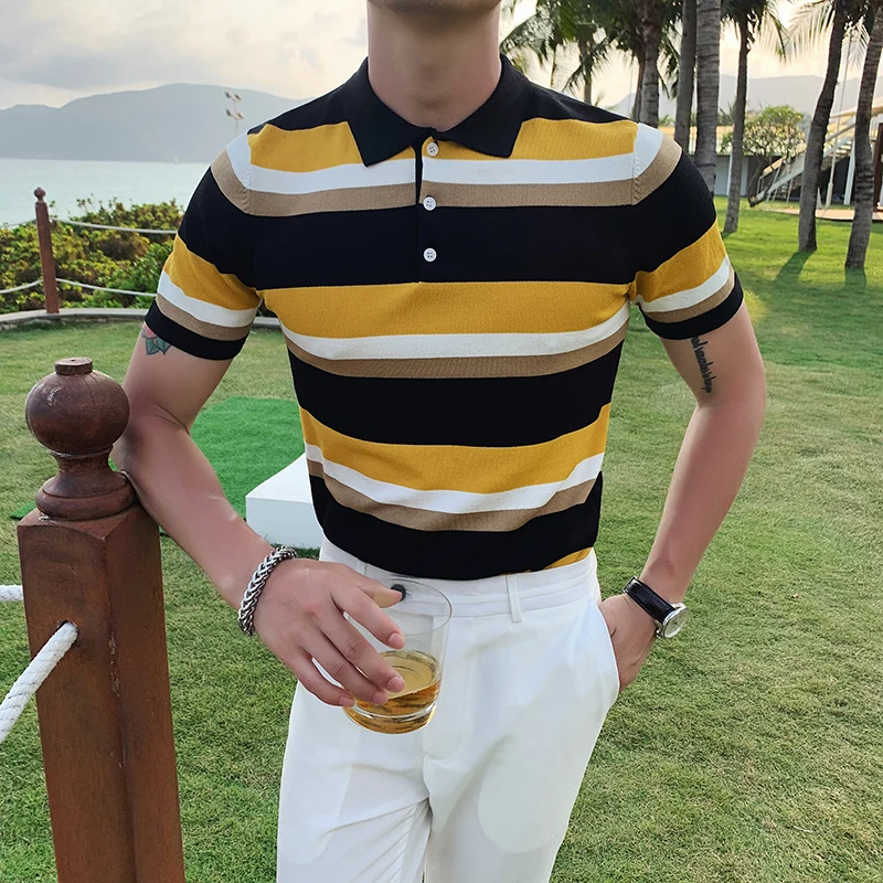 

2021 Men's High Quality Ice silk short sleeve POLO shirts/Male stripe Fashion leisure POLO shirts/Man slim fit Tops clothing