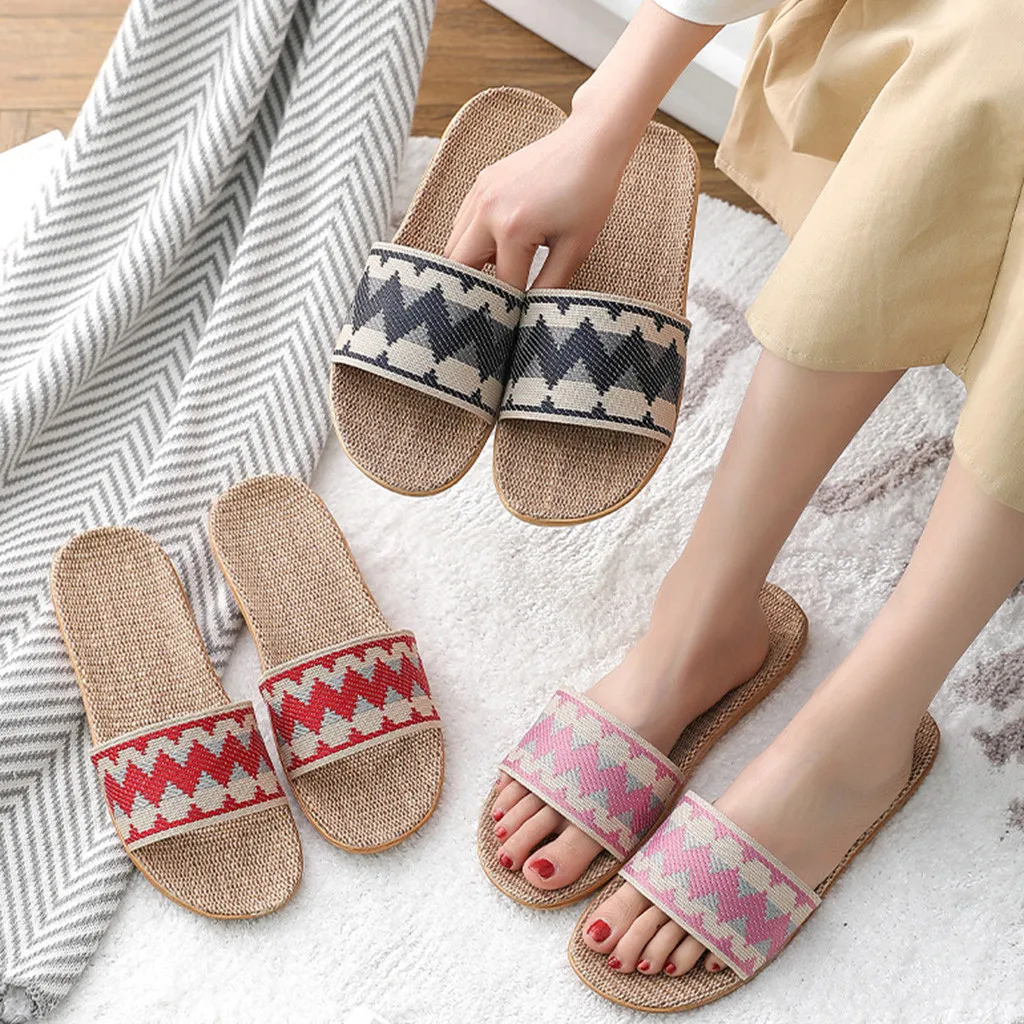 

Womens Summer Flax Slippers Fashion Casual Anti-slip Linen Slides Home Shoes Indoor Slippers Female Comfort Shoes #S