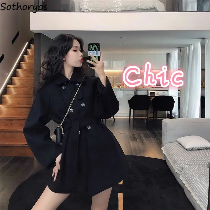 

Женские шерстяные черные двойные нагрудные пояса средней длины в стиле ретро, элегантные универсальные, Ulzzang, корейский стиль, модные, шикар...