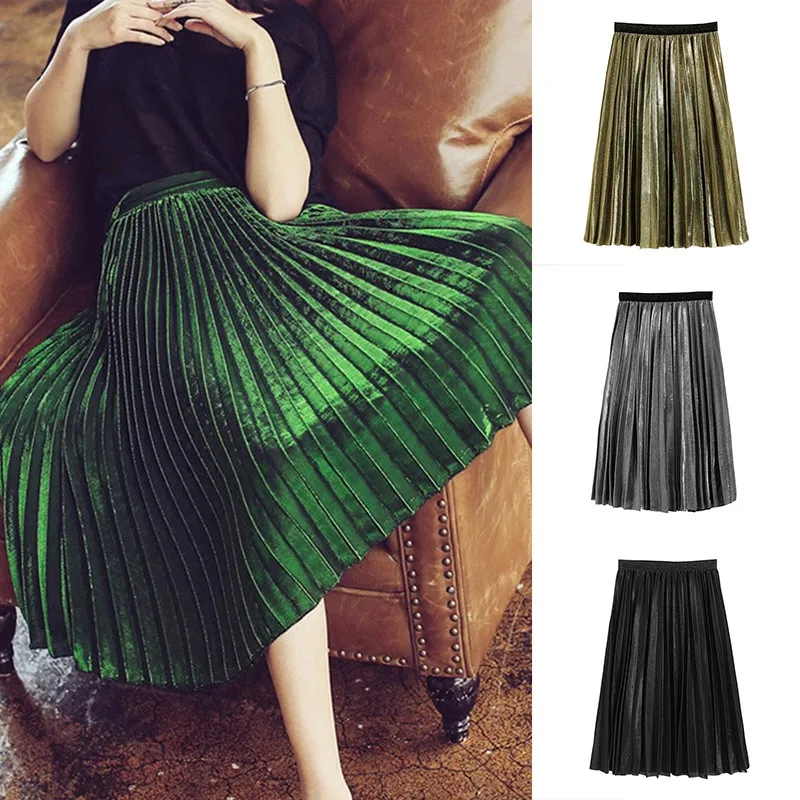 Женская плиссированная юбка средней длины Повседневная модная Серебристая