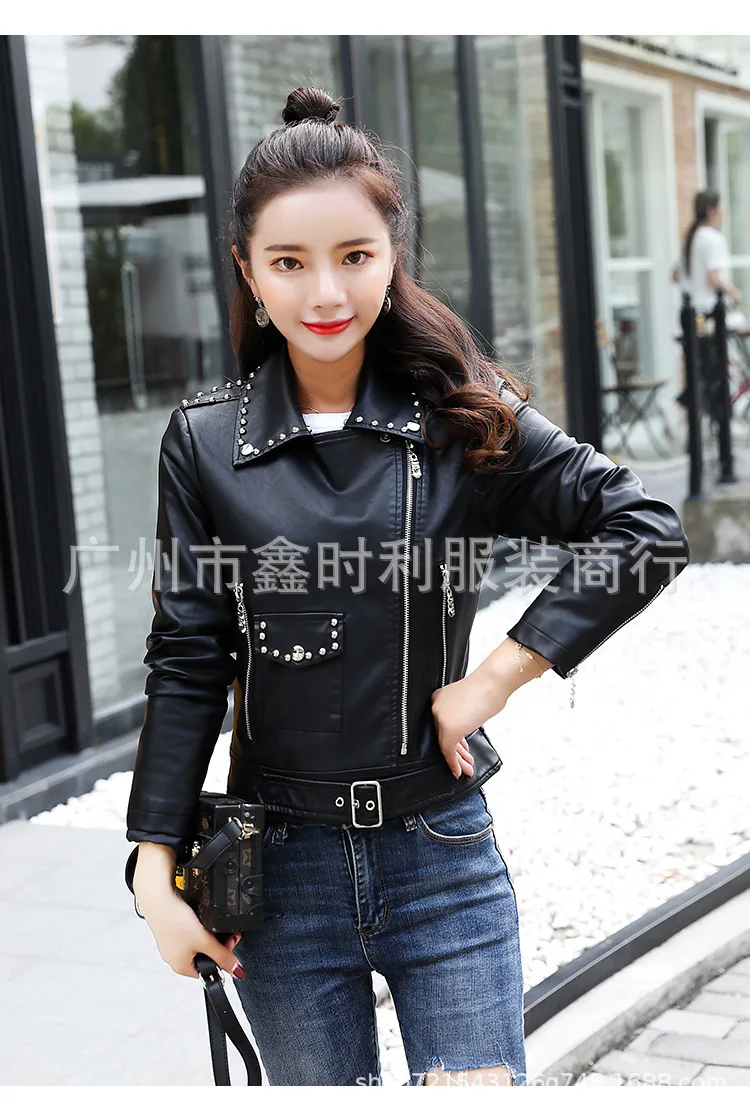 

New ladies fashion rivet PU leather jacket shorts handsome jacket motorcycle lady jacket