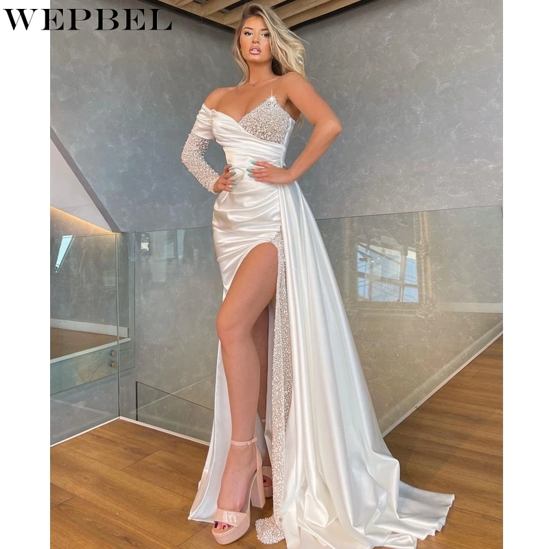 

WEPBEL Elegant Long Sleeve Dress Women's Sexy Slim-Fit Sequined Slim Slit Dress Autumn Backless Strapless High Waist Dress