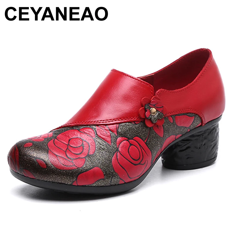 

CEYANEAO2020Spring осенний Национальный Стиль женская обувь женские туфли-лодочки с цветочным принтом круглый носок натуральная кожа Женские Полус...