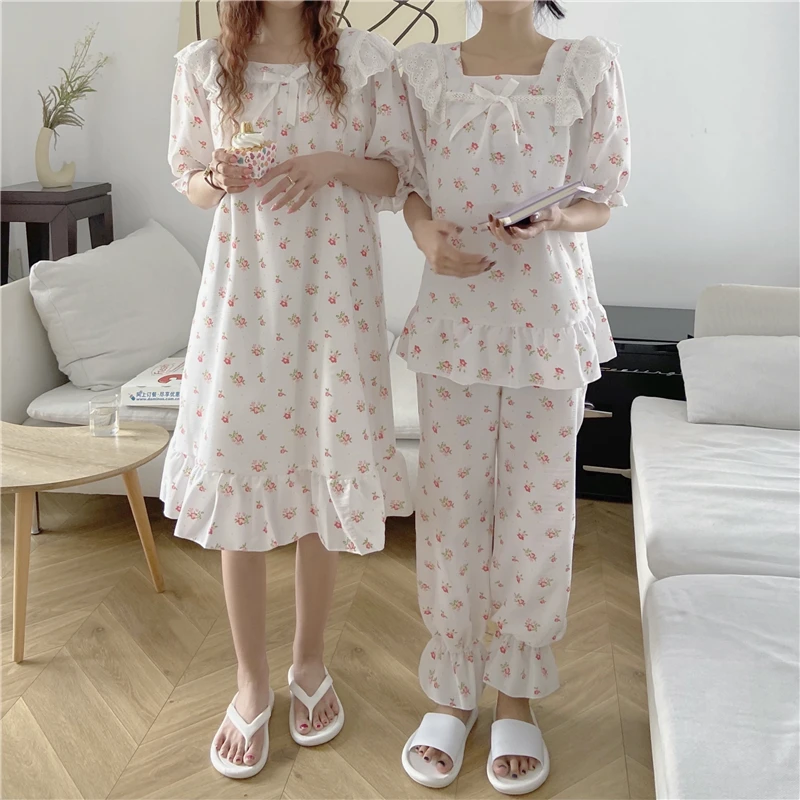 

Harajpee Japanese Pajamas 2021 Spring Summer Sweet Cute Printing Loose Soft Breathable Nightgowns Short Sleeve Pants 2 Piece Set