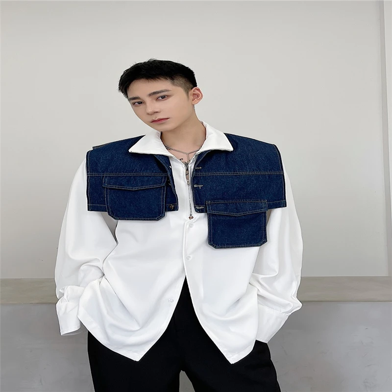 

Men Vest Autumn Denim Cotton Pockets Blue Fashion Vest Hip Hop Steetwear Owen Gothic Japan Style Korean Style Male Vest Spring