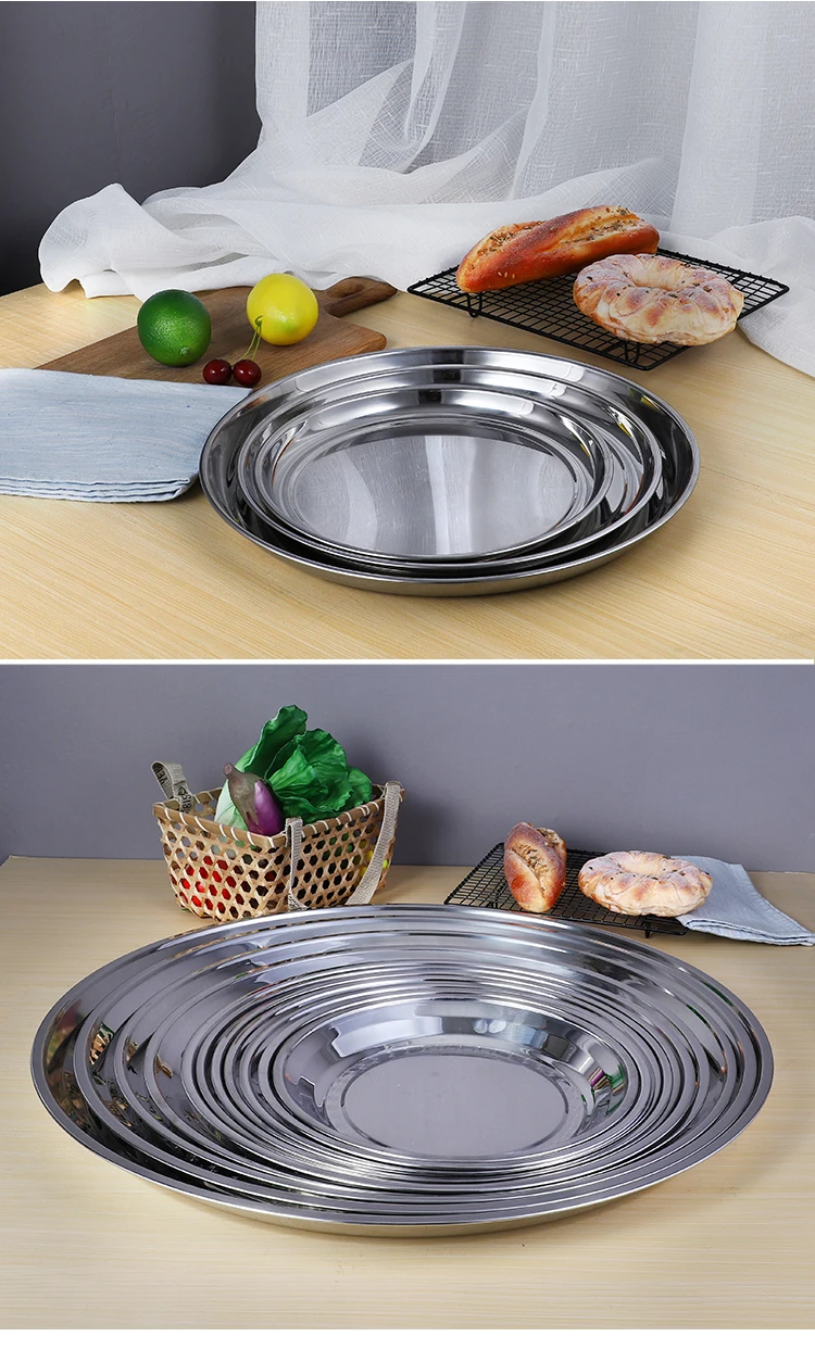 Толстая тарелка из нержавеющей стали круглая большая с плоским дном неглубокая