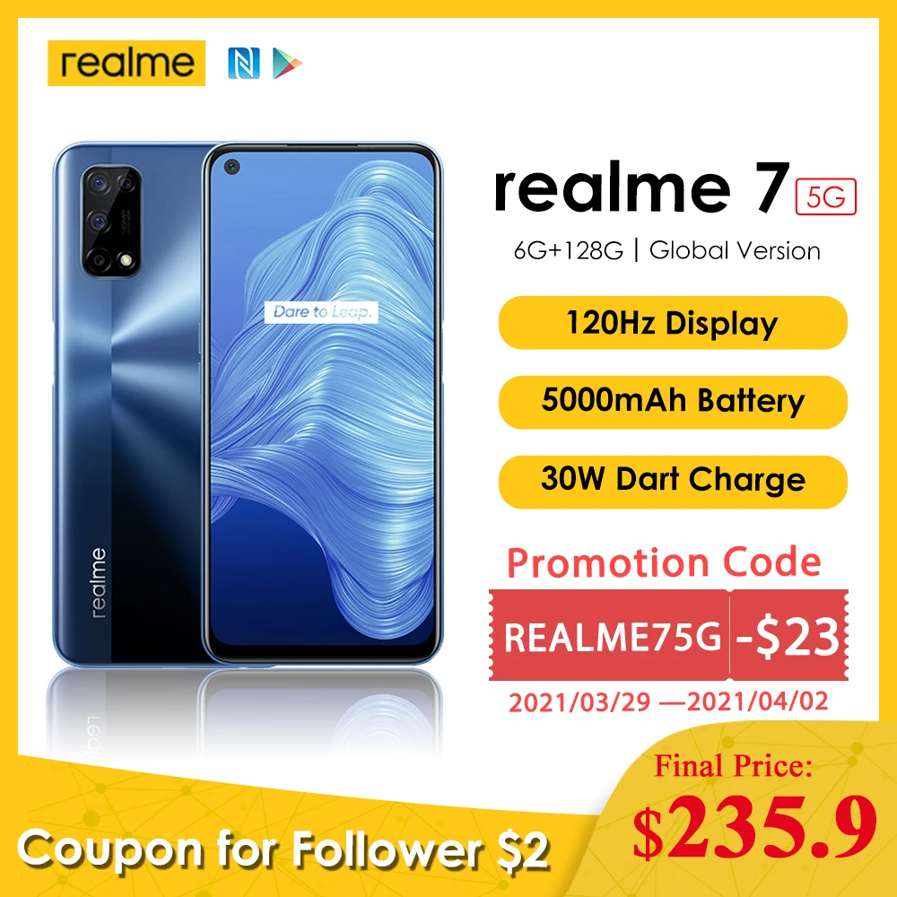 

realme 7 5G Global Version Smartphone 6GB 128GB 48MP Quad Cameras Dimensity 800U 6.5 Inch 120Hz Display 5000mAh 30W Dart Charge