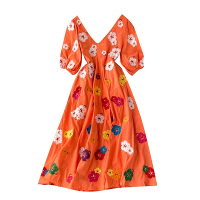 

Cotton and linen loose dress color flower embroidery v-neck ethical wind cotton hubble-bubble sleeve dress in the western style