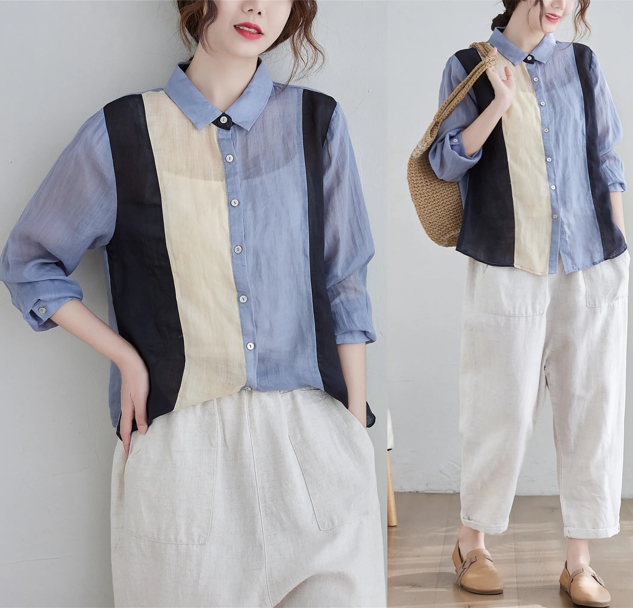 

Женская блузка из хлопка и льна с длинным рукавом, новинка весны 2021, художественная цветная конопляная Солнцезащитная Рубашка свободного к...