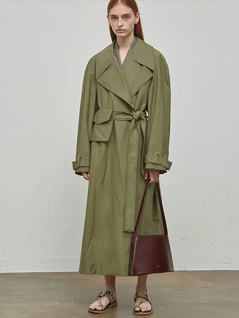 Getвесенний Женский Тренч Бандажное пальто с отложным воротником зеленый