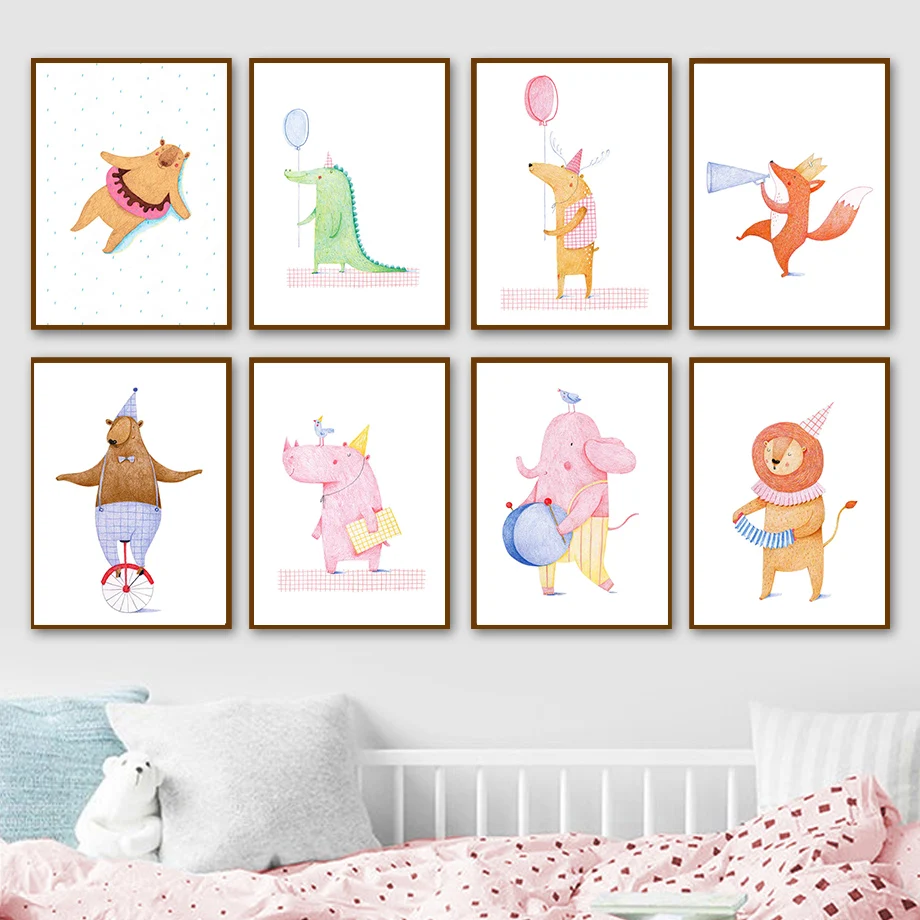 

Lion Bear Fox Elephant Crocodile Rhino Cartoon Wall Art Canvas Painting Nordic Poster And Prints Wall Pictures Kids Room Decor